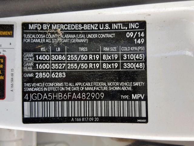 4JGDA5HB6FA482909 - 2015 MERCEDES-BENZ ML 350 4MA WHITE photo 10
