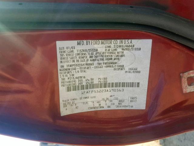 1FAFP55223A190563 - 2003 FORD TAURUS SES MAROON photo 10