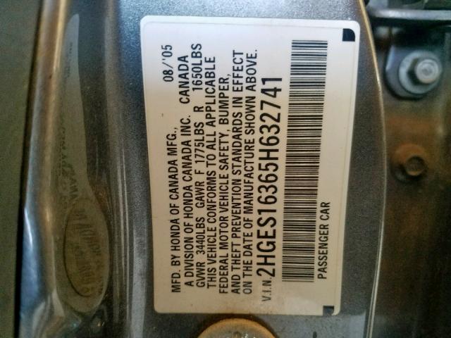 2HGES16365H632741 - 2005 HONDA CIVIC DX V GRAY photo 10