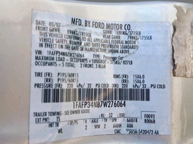 1FAFP34N87W276064 - 2007 FORD FOCUS ZX4 SILVER photo 10