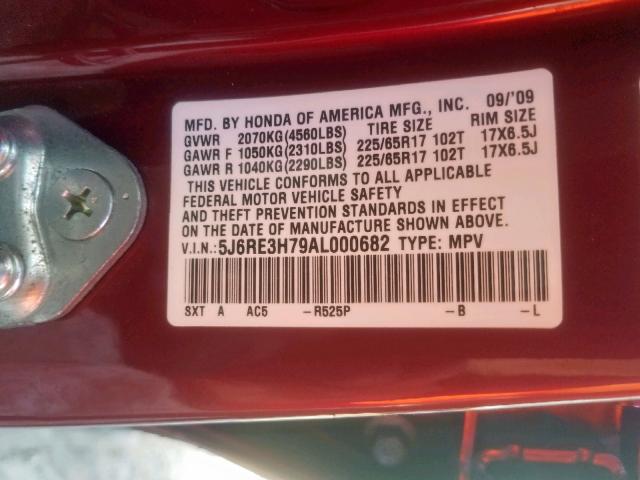 5J6RE3H79AL000682 - 2010 HONDA CR-V EXL RED photo 10