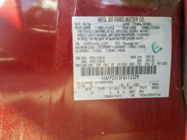 1FAFP25137G115329 - 2007 FORD FIVE HUNDR RED photo 10