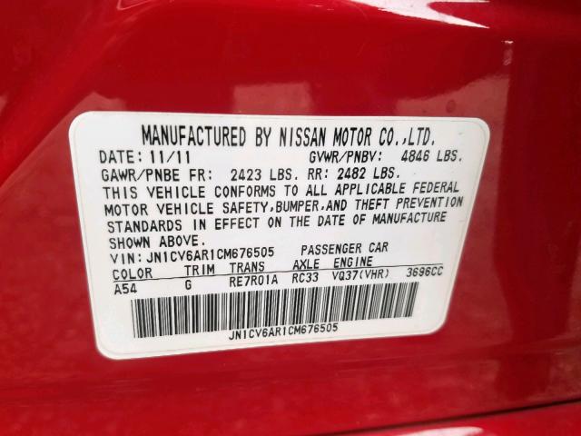 JN1CV6AR1CM676505 - 2012 INFINITI G37 RED photo 10