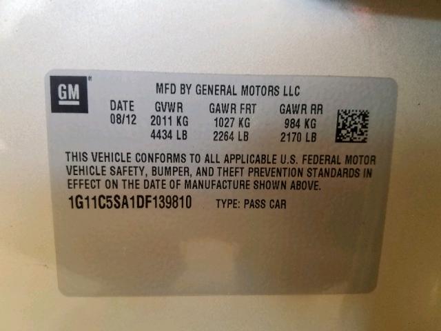 1G11C5SA1DF139810 - 2013 CHEVROLET MALIBU 1LT GOLD photo 10