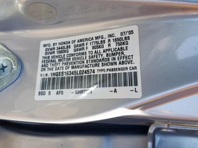 1HGES16345L024574 - 2005 HONDA CIVIC DX V SILVER photo 10