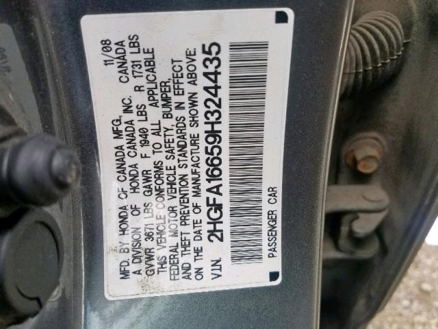 2HGFA16659H324435 - 2009 HONDA CIVIC LX-S Մոխրագույն լուսանկար 10