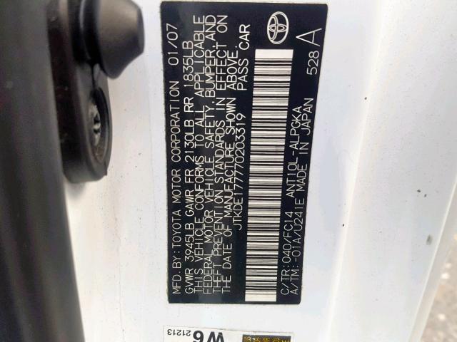 JTKDE177770203319 - 2007 TOYOTA SCION TC თეთრი ფოტო 10