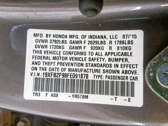 19XFB2F98FE091878 - 2015 HONDA CIVIC EXL 灰色 照片 10