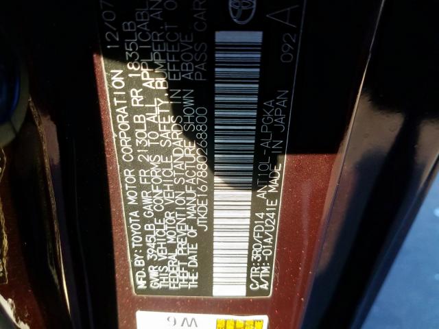 JTKDE167880268800 - 2008 TOYOTA SCION TC ბურგუნდია ფოტო 10