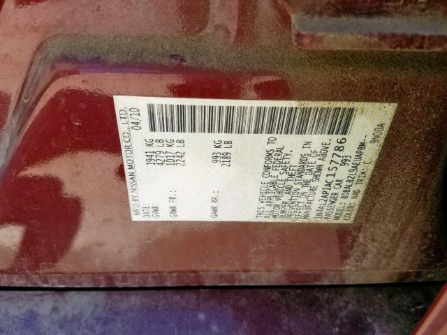 1N4AL2AP1AC157786 - 2010 NISSAN ALTIMA BAS MAROON photo 10