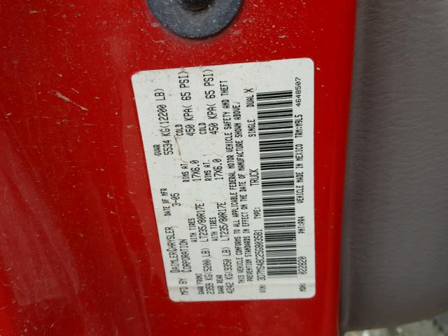 3D7MS48C25G803581 - 2005 DODGE RAM 3500 S RED photo 10