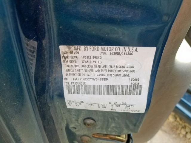 1FAFP3832YW349889 - 2000 FORD FOCUS ZTS BLUE photo 10
