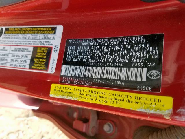 4T4BF3EK4BR153450 - 2011 TOYOTA CAMRY BASE RED photo 10