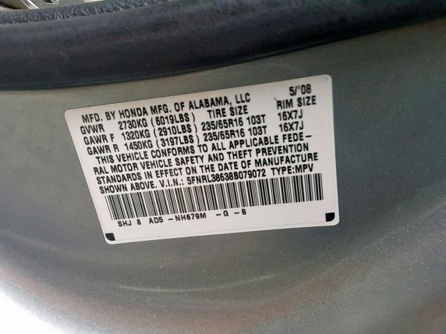 5FNRL38638B079072 - 2008 HONDA ODYSSEY EX SILVER photo 10