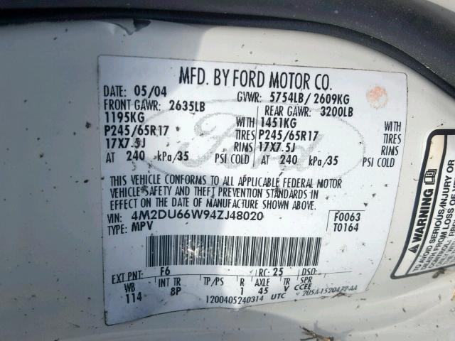 4M2DU66W94ZJ48020 - 2004 MERCURY MOUNTAINEE WHITE photo 10