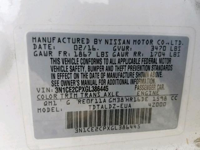 3N1CE2CPXGL386445 - 2016 NISSAN VERSA NOTE WHITE photo 10