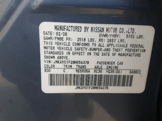 JNKAY01F28M654078 - 2008 INFINITI M35 BASE BLUE photo 10