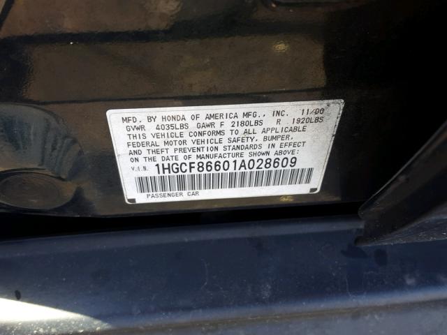 1HGCF86601A028609 - 2001 HONDA ACCORD VAL GREEN photo 10