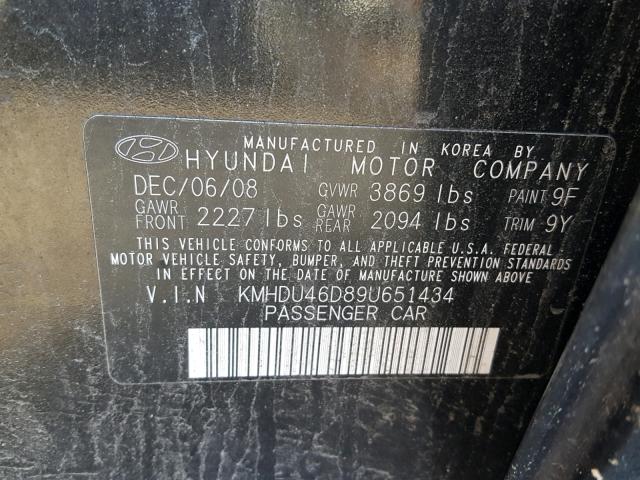 KMHDU46D89U651434 - 2009 HYUNDAI ELANTRA GL BLACK photo 10