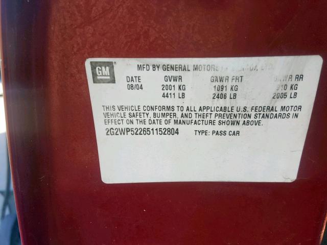 2G2WP522651152804 - 2005 PONTIAC GRAND PRIX BURGUNDY photo 10