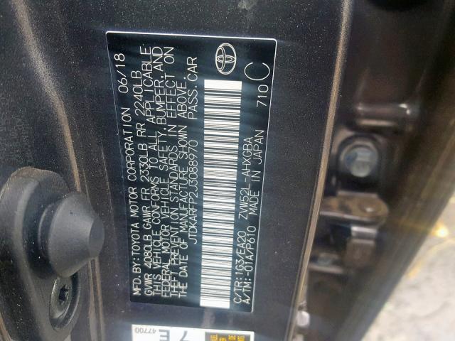 JTDKARFP2J3088970 - 2018 TOYOTA PRIUS PRIM 灰色 照片 10