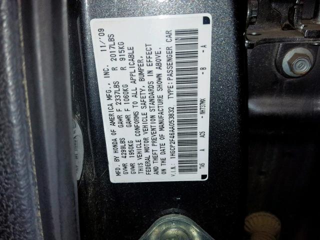 1HGCP2F46AA053832 - 2010 HONDA ACCORD LXP GRAY photo 10