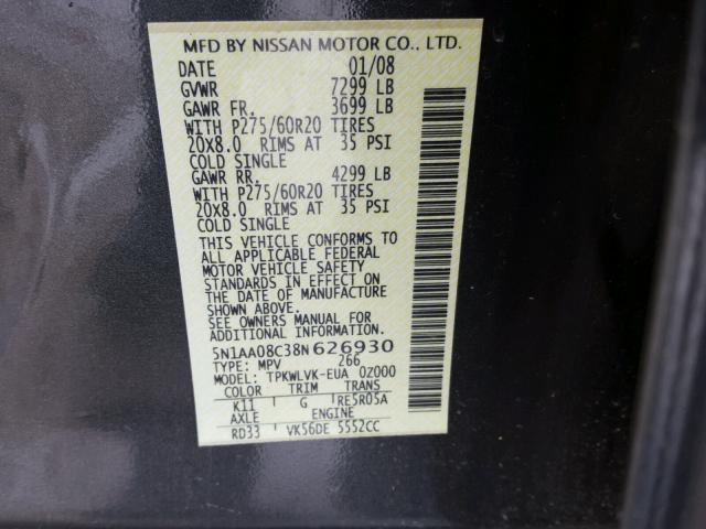 5N1AA08C38N626930 - 2008 NISSAN ARMADA SE GRAY photo 10