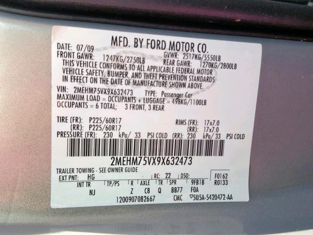 2MEHM75VX9X632473 - 2009 MERCURY GRAND MARQ SILVER photo 10