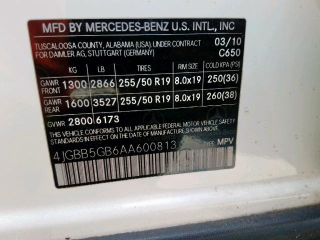 4JGBB5GB6AA600813 - 2010 MERCEDES-BENZ ML 350 WHITE photo 10