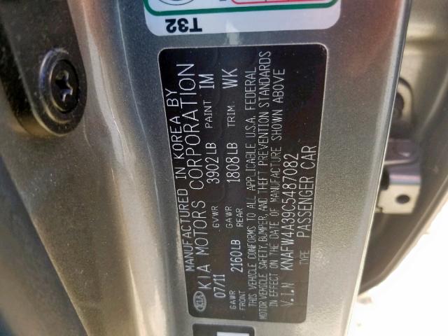 KNAFW4A39C5487082 - 2012 KIA FORTE SX GRAY photo 10