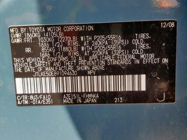 JTLKE50E891094630 - 2009 TOYOTA SCION XB 蓝色 照片 10
