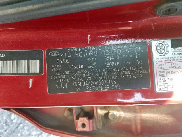 KNAFU4A20A5073148 - 2010 KIA FORTE EX RED photo 10