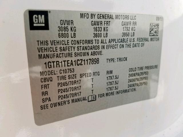 1GTR1TEA1CZ117898 - 2012 GMC SIERRA C15 WHITE photo 10