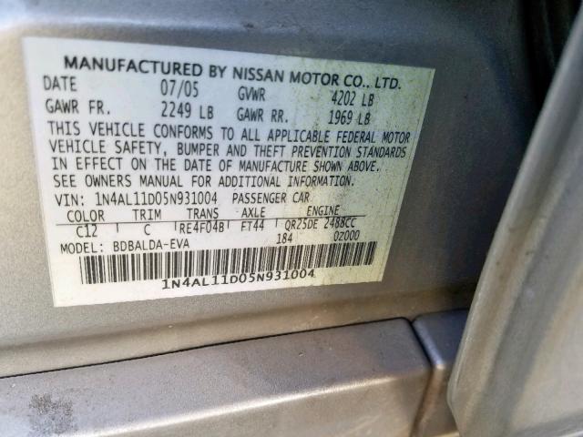 1N4AL11D05N931004 - 2005 NISSAN ALTIMA S GOLD photo 10