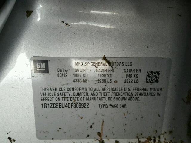 1G1ZC5EU4CF308922 - 2012 CHEVROLET MALIBU 1LT 银色 照片 10