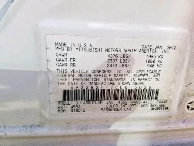 4A32B2FF7CE015626 - 2012 MITSUBISHI GALANT FE WHITE photo 10