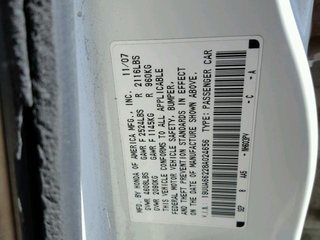 19UUA66228A024656 - 2008 ACURA TL WHITE photo 10