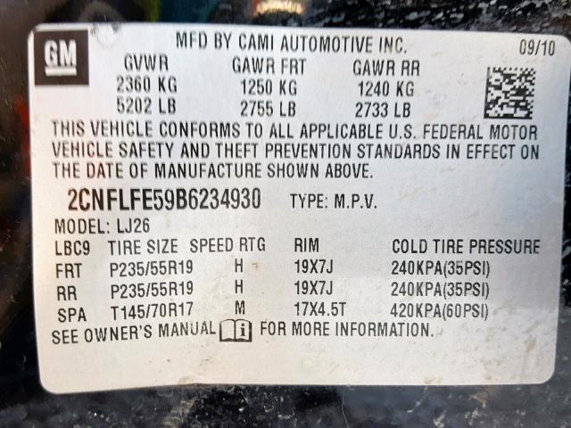 2CNFLFE59B6234930 - 2011 CHEVROLET EQUINOX LT BLACK photo 10