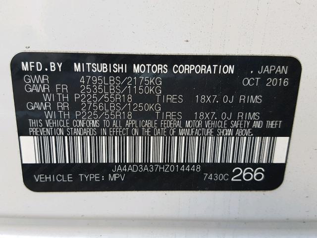 JA4AD3A37HZ014448 - 2017 MITSUBISHI OUTLANDER WHITE photo 10