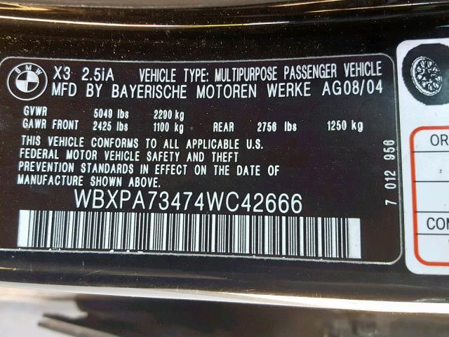 WBXPA73474WC42666 - 2004 BMW X3 2.5I BLACK photo 10