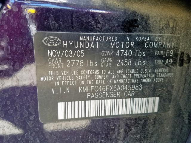 KMHFC46FX6A045983 - 2006 HYUNDAI AZERA SE PURPLE photo 10