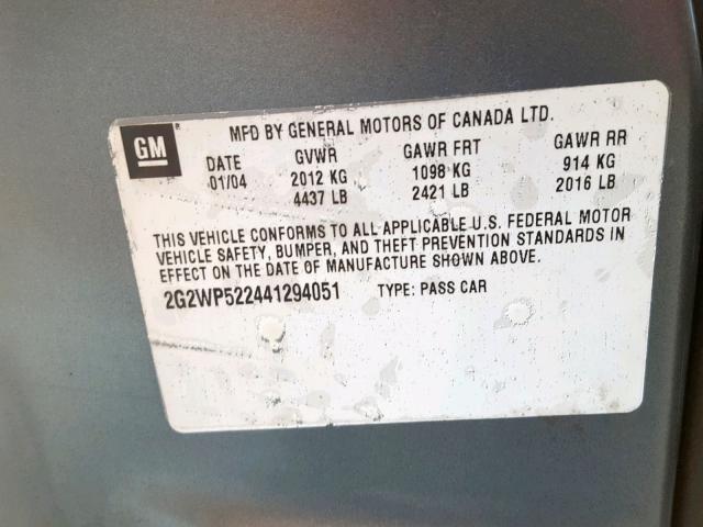 2G2WP522441294051 - 2004 PONTIAC GRAND PRIX GRAY photo 10