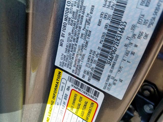 3FA6P0G72ER316635 - 2014 FORD FUSION S GRAY photo 10