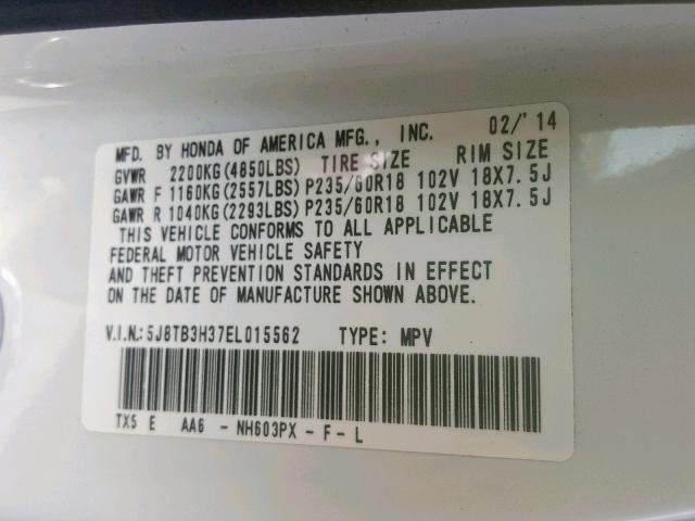 5J8TB3H37EL015562 - 2014 ACURA RDX WHITE photo 10