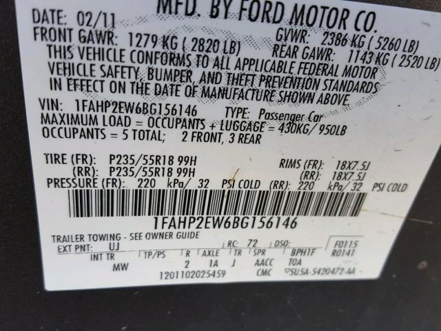 1FAHP2EW6BG156146 - 2011 FORD TAURUS SEL GRAY photo 10