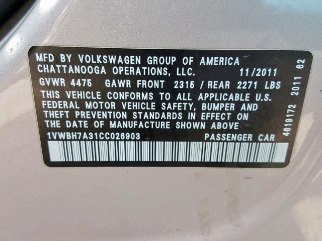 1VWBH7A31CC026903 - 2012 VOLKSWAGEN PASSAT SE SILVER photo 10