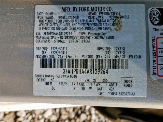 3FAHP0HA4AR129264 - 2010 FORD FUSION SE SILVER photo 10