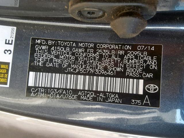 JTKJF5C77F3096461 - 2015 TOYOTA SCION TC ნაცრისფერი ფოტო 10