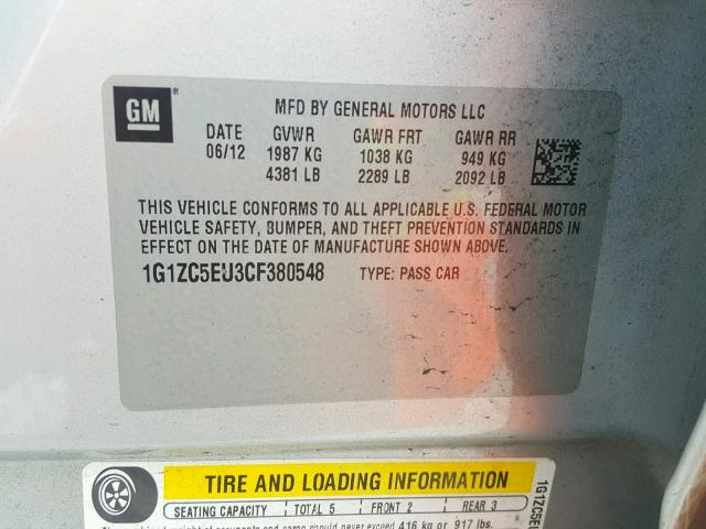 1G1ZC5EU3CF380548 - 2012 CHEVROLET MALIBU 1LT SILVER photo 10