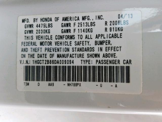 1HGCT2B86DA009094 - 2013 HONDA ACCORD EXL WHITE photo 10